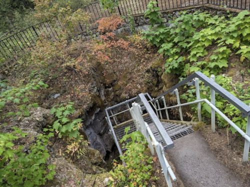 A metal staircase leads down into a rocky area surrounded by greenery and a fence.