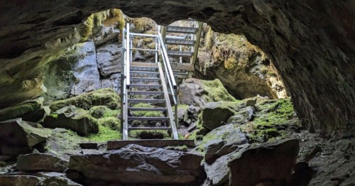 View from inside a cave looking up at a metal ladder leading to the entrance, surrounded by mossy rocks.