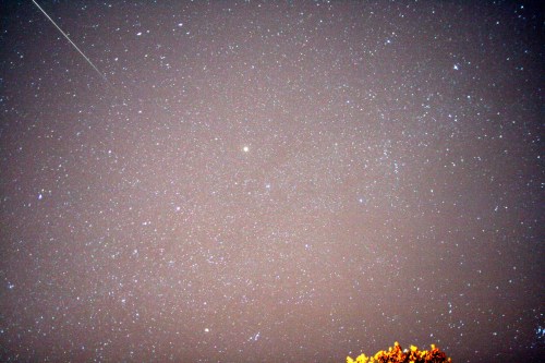 A starry night sky filled with numerous stars and a faint meteor streaking across the scene.