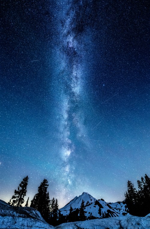 A starry night sky with the Milky Way above a snow-covered mountain and silhouetted trees.