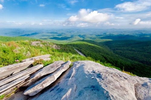 A panoramic view of lush green mountains under a blue sky with scattered clouds, featuring rocky foreground.
