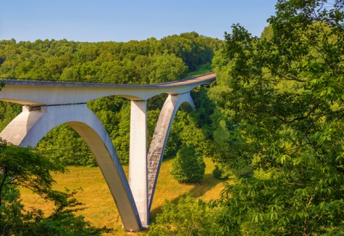 A modern concrete bridge spans a lush green valley, supported by tall, curved pillars under a clear blue sky.