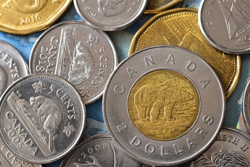 A collection of Canadian coins, including a prominent two-dollar coin and various smaller denominations.