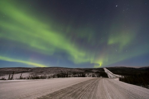 A snowy road under a vibrant display of green and blue northern lights in a starry night sky.