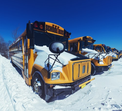 A row of yellow school buses partially buried in snow under a clear blue sky.