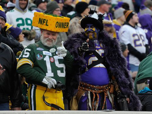 Two football fans in team jerseys: one wears a cheesehead and the other a Viking-themed outfit, both smiling and posing.