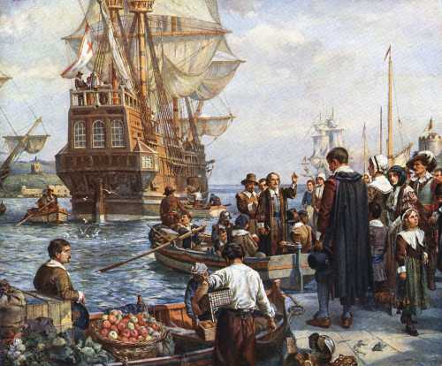 A bustling harbor scene with ships, boats, and people trading goods, set in a historical maritime setting.