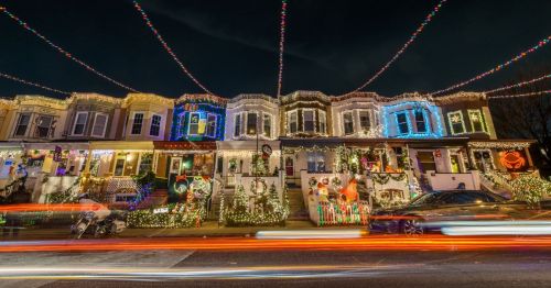 main street in Hampden Baltimore, Maryland, decorated for Christmas