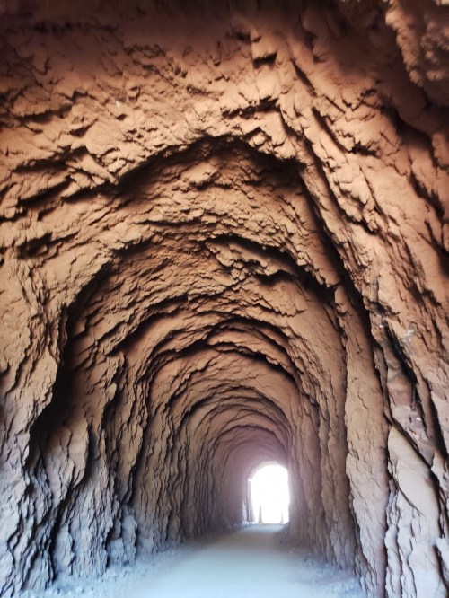A dimly lit tunnel with textured, earthy walls leading to a bright exit at the far end.