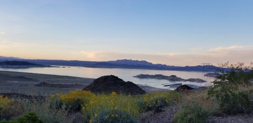 Scenic view of a lake surrounded by mountains and wildflowers under a pastel sky at sunset.