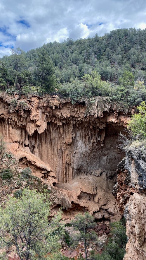 A rocky cliff with hanging formations, surrounded by lush green trees and a cloudy sky in the background.