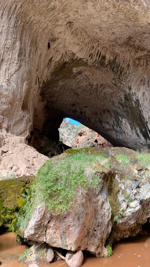 A natural rock arch with greenery at its base, surrounded by rugged terrain and a hint of blue sky in the background.