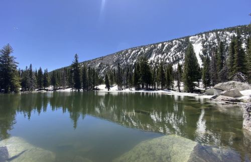 A serene lake surrounded by evergreen trees and snow-capped mountains under a clear blue sky.