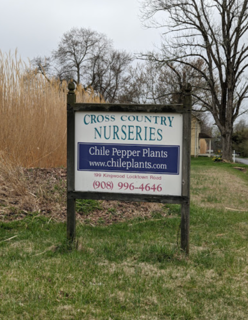 Sign for Cross Country Nurseries featuring Chile Pepper Plants, with contact information and website details.