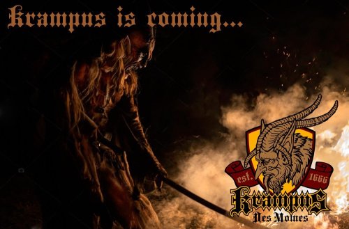 A shadowy figure of Krampus stands near flames, with text "Krampus is coming..." and a logo featuring a horned creature.