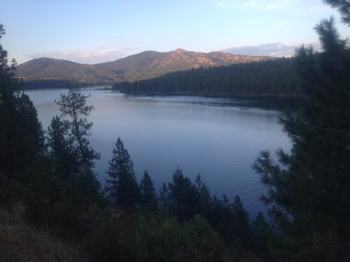 A serene lake surrounded by mountains and pine trees under a clear sky.