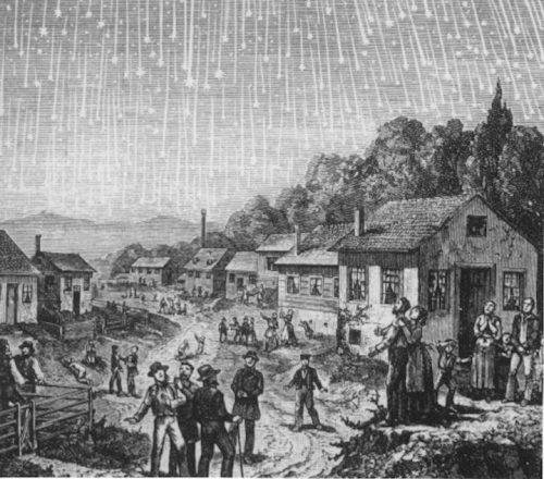 A historic illustration of a meteor shower over a village, with people gazing up in awe at the falling stars.