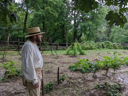 A man in period clothing stands in a lush, green garden, surrounded by plants and trees on a rainy day.