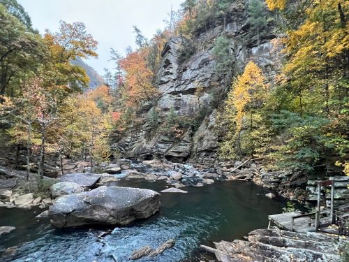 A serene river flows through a rocky landscape, surrounded by autumn-colored trees and steep cliffs.