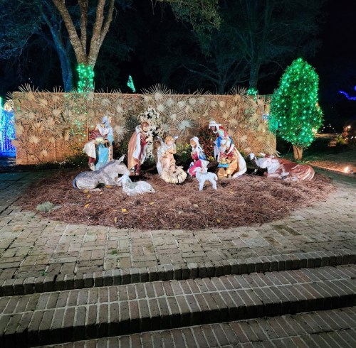 A nativity scene with figures of Mary, Joseph, and animals, surrounded by festive lights and greenery at night.