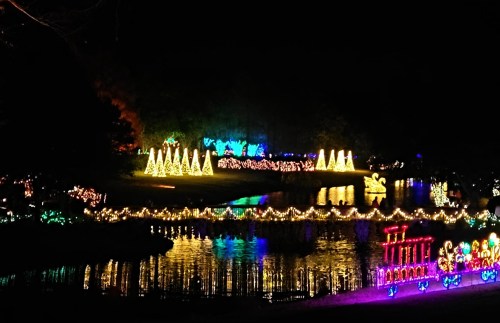 Colorful holiday lights illuminate a park at night, featuring trees, a pond, and a festive train display.