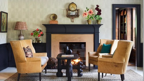 Cozy living room with two yellow armchairs, a black fireplace, and decorative plants on a patterned wall.