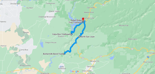 Map showing the route from Rebel Ridge Trailhead to North San Juan, with nearby trails and landmarks.