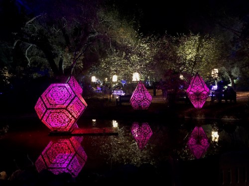 Colorful illuminated geometric sculptures reflect in a pond, surrounded by trees and soft lighting at night.
