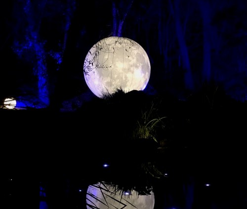 A large illuminated moon sculpture surrounded by trees, reflecting in a dark water surface under a night sky.