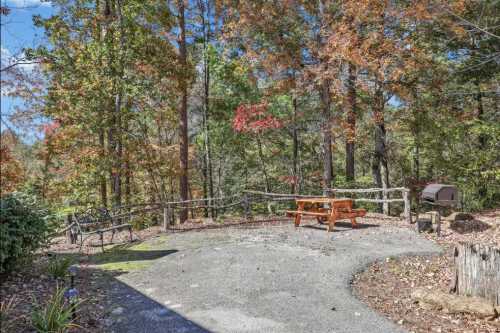 A serene outdoor space with a picnic table, bench, and grill, surrounded by colorful autumn trees.