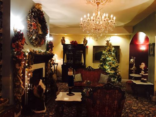 Cozy holiday living room decorated with a Christmas tree, wreaths, and festive lights, featuring elegant furniture.