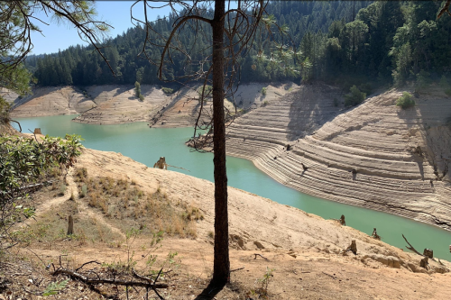 A serene landscape featuring a turquoise lake surrounded by dry, sloping banks and trees in a forested area.