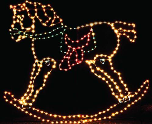 A glowing outline of a rocking horse made of colorful Christmas lights against a dark background.