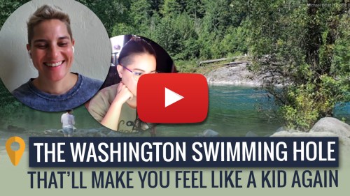 A scenic swimming hole in Washington with a play button overlay and images of two smiling people.
