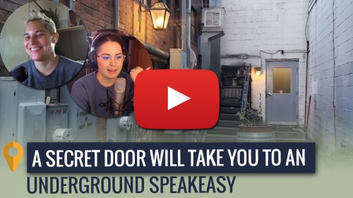 A video thumbnail featuring two hosts discussing a secret door leading to an underground speakeasy.
