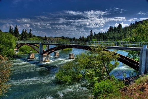 A scenic view of a bridge over a river, surrounded by lush greenery and a blue sky with scattered clouds.