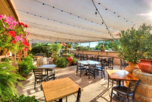 Outdoor dining area with wooden tables, chairs, and vibrant plants under a shaded canopy, illuminated by string lights.