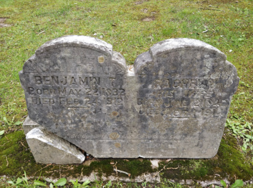 Two weathered gravestones side by side, inscribed with names and dates, set in a grassy cemetery.