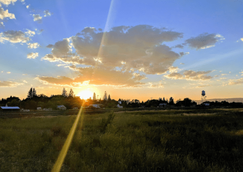 A sunset over a grassy field, with clouds and a water tower in the background, casting warm golden light.