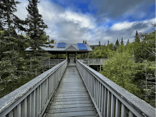 A wooden walkway leads to a pavilion with solar panels, surrounded by lush greenery and a cloudy sky.