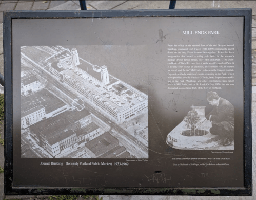 Historical plaque featuring images and text about Mill Ends Park and the Journal Building in Portland, Oregon.