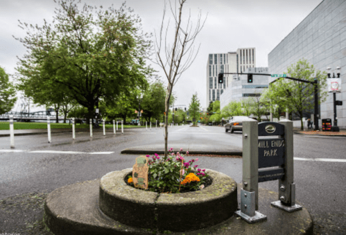 A small tree and flowers in a planter at Mill Ends Park, with a city street and buildings in the background on a cloudy day.