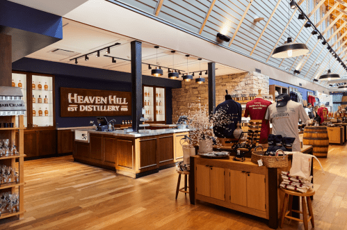 Interior of Heaven Hill Distillery featuring a tasting bar, merchandise displays, and wooden decor.