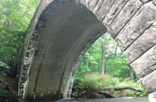 A stone arch bridge over a calm stream, surrounded by lush green trees and vegetation.