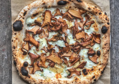 A freshly baked pizza topped with melted cheese and an abundance of golden chanterelle mushrooms.