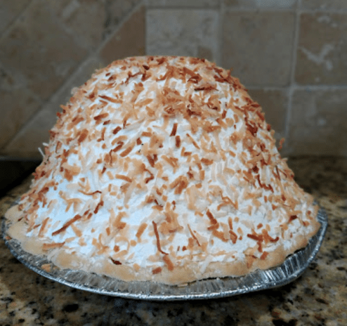 A dome-shaped cake topped with toasted coconut flakes, sitting in a silver pie dish on a granite countertop.