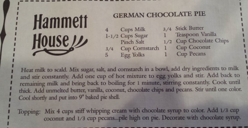 Recipe for German Chocolate Pie, including ingredients and instructions for preparation and topping.