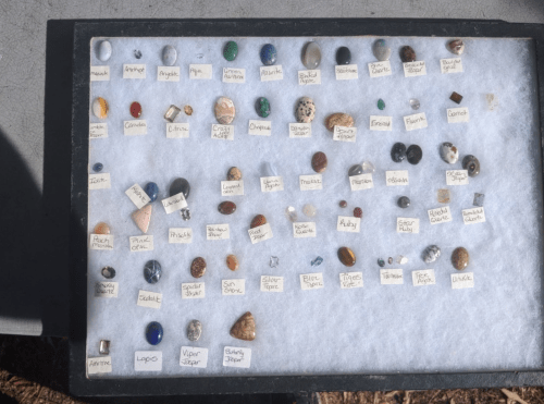 A display of various gemstones and minerals, each labeled with names on small tags, arranged on a white background.
