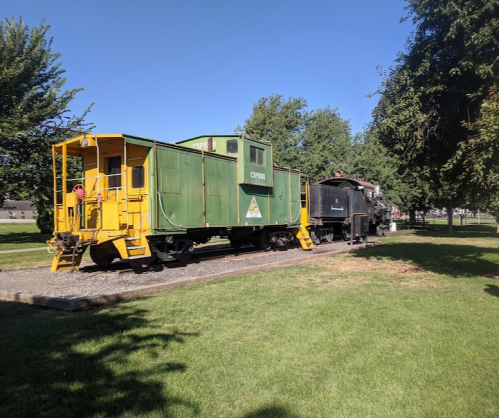 A green caboose and a black steam locomotive parked on a sunny day in a grassy area.