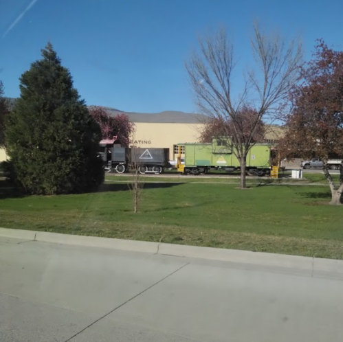 A train passes by a green building, with trees and grass in the foreground under a clear blue sky.